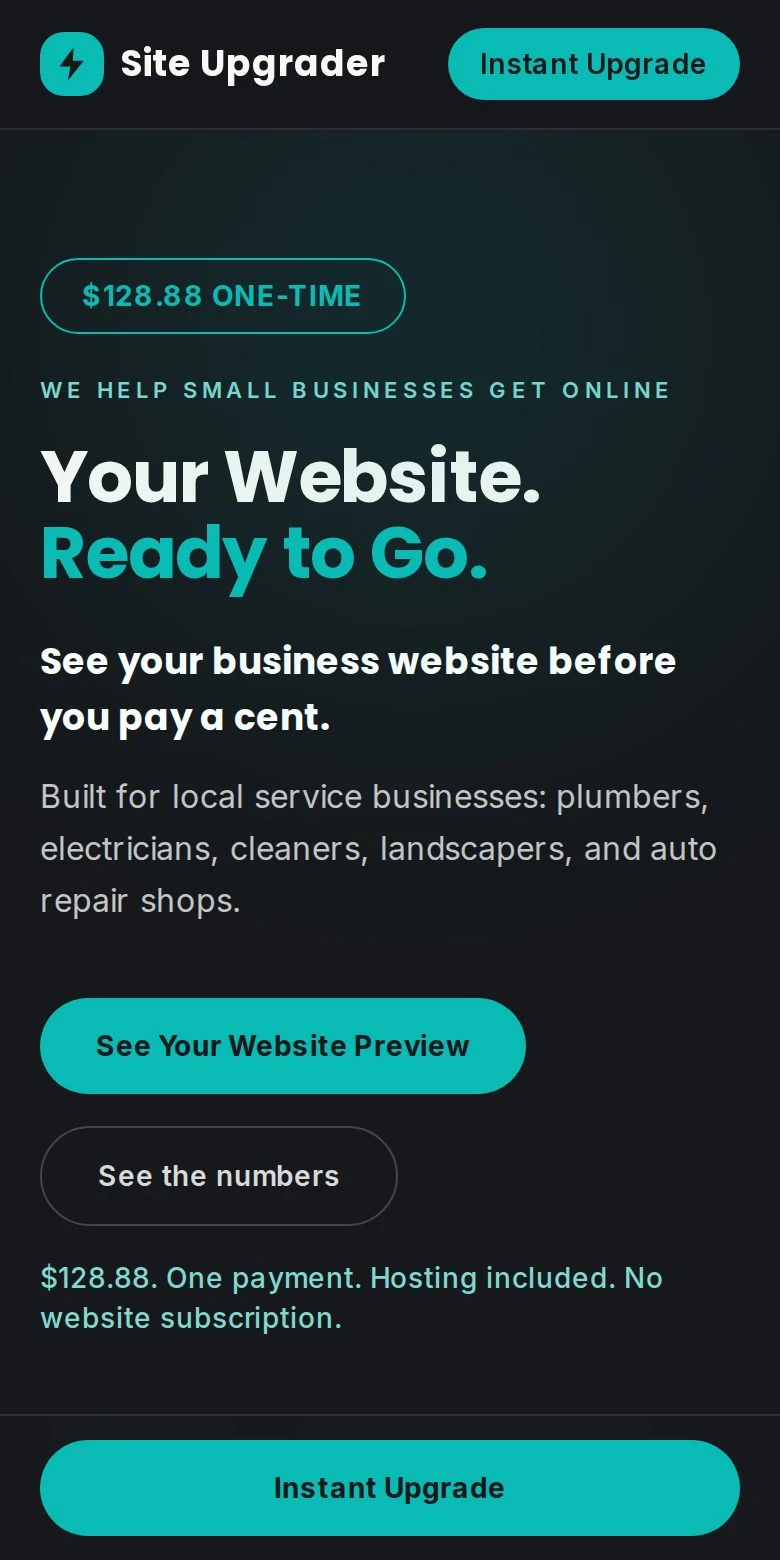 The Site Upgrader homepage on a phone: $128.88 one-time, see your website before you pay